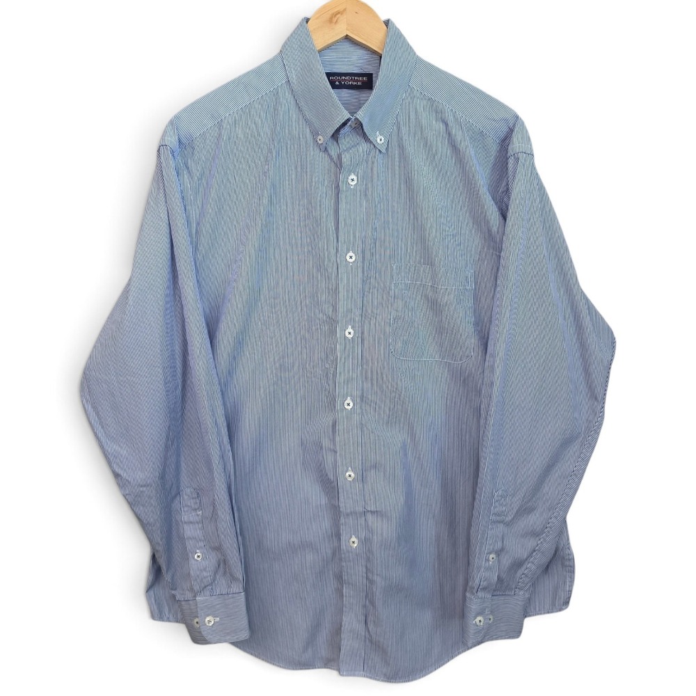 Roundtree & Yorke Shirt Mens Large Blue Striped Button Down Cotton Pockets